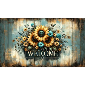 Letrero de bienvenida rústico con girasol: decoración de pared de metal, arte de entrada de granja, placa de bienvenida con flores campestres, decoración del hogar en amarillo y verde azulado