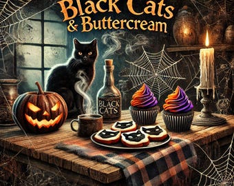 Black Cats & Buttercream Sign, 10x10 Halloween Kitchen Decor, Spooky Bakery Wall Art, Witchy Dessert Print, Fall Coffee Bar Sign