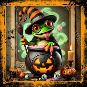 Witch Frog Halloween Sign, Funny Halloween Wall Decor, 10x10 Frog in Cauldron Sign, Spooky Cute Fall Home Decor, Halloween Party Art