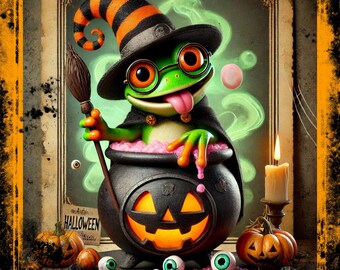 Witch Frog Halloween Sign, Spooky Cauldron Art, Fall Decor (10x10)
