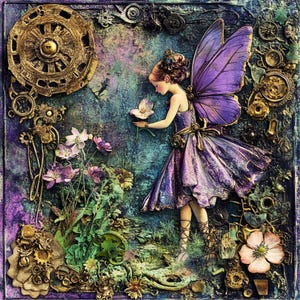 Whimsical Fairy Aluminum Sign – Steampunk Fantasy Art Decor, Purple Fairy Wall Plaque, Enchanted Garden Gift, Magical Home Decoration