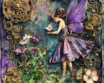 Whimsical Fairy Aluminum Sign – Steampunk Fantasy Art Decor, Purple Fairy Wall Plaque, Enchanted Garden Gift, Magical Home Decoration