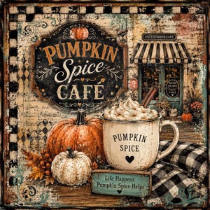 May include: A decorative sign featuring a Pumpkin Spice Cafe logo, a large orange pumpkin, a smaller white pumpkin, and a mug filled with whipped cream. The text reads Pumpkin Spice Cafe, Pumpkin Spice, and Life Happens Pumpkin Spice Helps.