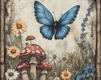 Vintage Butterfly and Mushroom Metal Sign – Rustic Spring Floral Wall Art for Home Decor & Crafts, Mushroom Wall Art, Daisey Wall Decor