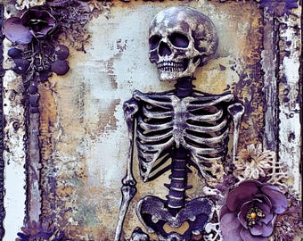 Skeleton Halloween Sign, 10x10 Gothic Wall Art, Spooky Skull Decor, Purple Floral Skeleton Sign, Creepy Halloween Home Decoration