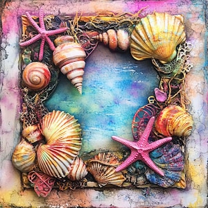 May include: A mixed media artwork featuring a square frame adorned with various seashells and starfish. The frame surrounds a blue and purple watercolor background. The seashells are in shades of white, yellow, orange, and brown, with pink starfish accents.