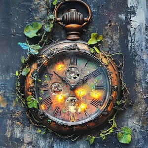 May include: A steampunk-style clock with a bronze finish, featuring Roman numerals and intricate internal gears. The clock is adorned with faux vines and a dragonfly, with warm lights illuminating the face. The clock is mounted on a textured, dark background.