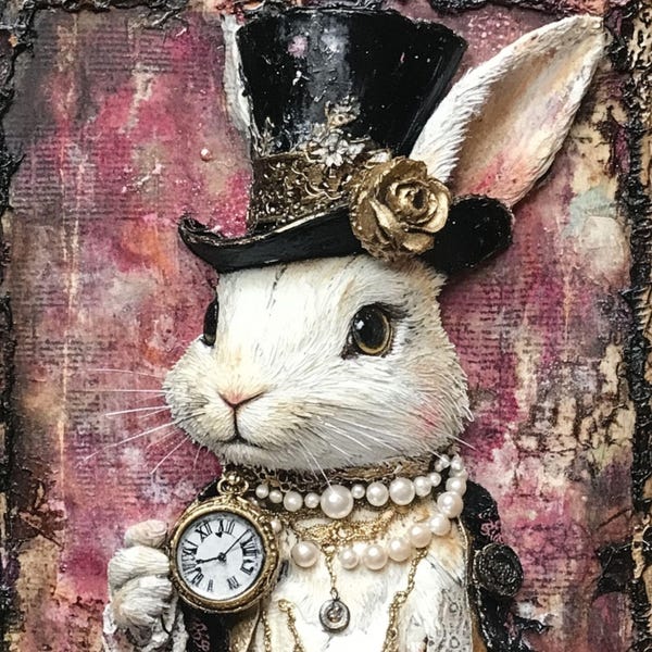 Steampunk Rabbit Wall Art – Victorian Bunny with Top Hat and Pocket Watch, Gothic Rabbit Décor, Unique Vintage-Inspired Sign
