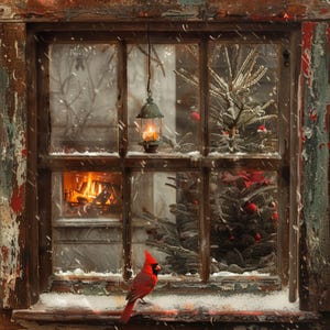 May include: A red cardinal bird perched on a snowy windowsill, looking inside at a Christmas tree decorated with red ornaments. A lit candle lantern hangs from the ceiling, and a fireplace glows in the background.