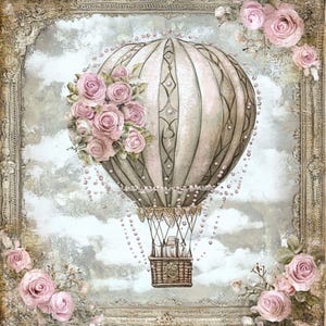 May include: A vintage-style hot air balloon with a pink and white striped pattern, surrounded by pink roses and pearl-like beads. The balloon is floating in a cloudy sky with a decorative frame around the image.