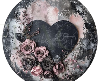 Romantic Gothic Heart Sign – 10" Round Wreath Center with Pink & Black Roses, Moody Valentine Wall Decor, Dark Floral Home Accent