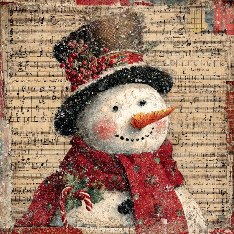Pode incluir: Ilustra&ccedil;&atilde;o de um boneco de neve festivo com nariz de cenoura, bochechas rosadas e um chap&eacute;u de cartola preto adornado com bagas vermelhas. O boneco de neve usa um cachecol vermelho e est&aacute; sobre um fundo de partituras antigas, evocando um tema de inverno.