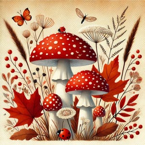 Whimsical Toadstool Fall Sign, 10x10 Woodland Mushroom Aluminum Art, Ladybug Autumn Wall Decor, Cottagecore Metal Sign