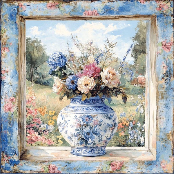 Arte de pared de metal con diseño floral vintage - Letrero de jarrón azul y blanco - Decoración rústica para el hogar - Estampado floral shabby chic - Arte de pared estilo francés