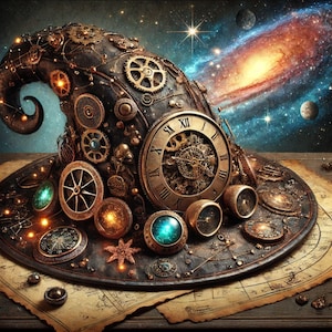May include: A steampunk-style wizard hat with intricate clockwork details, gears, and a compass. The hat is set against a backdrop of a swirling galaxy with stars and planets.
