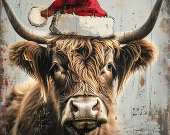 May include: A brown and white Highland cow with long, shaggy hair wearing a red Santa hat. The cow is looking directly at the camera with a serious expression.