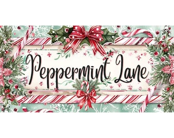 Peppermint Lane Sign – Christmas Candy Cane Décor – 6x12 Aluminum Holiday Sign
