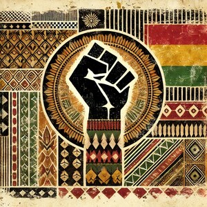 May include: A black raised fist with a patterned armband, surrounded by a circular design with gold and brown accents. The background is a patchwork of colorful geometric patterns.