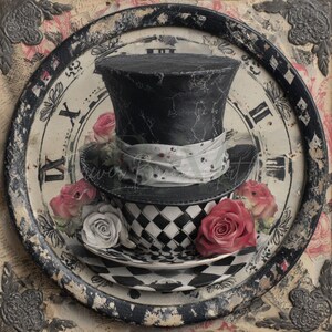May include: A whimsical still life featuring a black top hat with a white patterned band, resting atop a teacup and saucer with a black and white checkered pattern. Pink and white roses surround the teacup, set against a clock face background.
