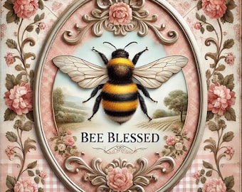 Bee Blessed Aluminum Sign, Pink Bee Decor, Floral Farmhouse Wall Art, Vintage Metal Bee Sign, Cottagecore Home Decor, Garden Gift