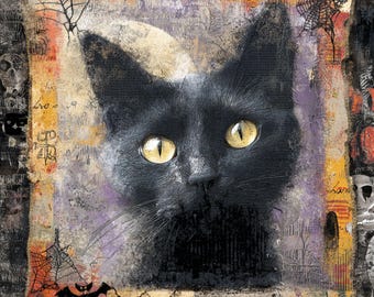 May include: A square Halloween-themed artwork featuring a black cat with yellow eyes. The cat is centered against a backdrop of purple, orange, and yellow hues, with spiderwebs and a bat silhouette. The artwork has a textured, vintage appearance.