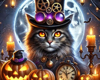 Steampunk Halloween Cat Sign, 10x10 Metal Wall Art, Gothic Pumpkin Decor, Full Moon Witchy Cat, Spooky Home Decor, Halloween Sign
