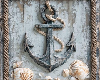 May include: A weathered wooden frame with a rope border surrounds a dark grey anchor with rope details. The anchor is on a light blue background with seashells scattered around it.