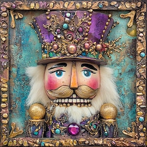 May include: A whimsical nutcracker figurine with a purple hat adorned with gold and jewel-toned accents. The nutcracker has a white beard and mustache, and is wearing a purple and gold uniform with a large ruby gemstone.