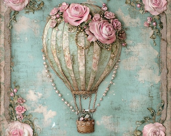 May include: A vintage-style hot air balloon with a floral design, surrounded by pink roses and pearls. The balloon is made of a light green and white fabric with a pattern of stripes and flowers. The balloon is tied to a basket with a rope.