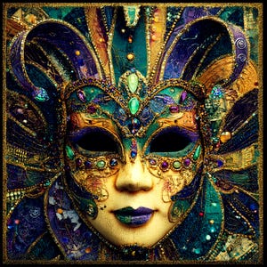 Mardi Gras Masquerade Mask Wall Art Sign – 10x10 Aluminum Carnival Sign, Purple Gold Green Jeweled Mask Wall Decor