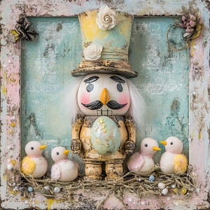 May include: A wooden nutcracker figurine with a top hat and a painted face holds a gold and blue egg. The nutcracker is surrounded by four small white birds with yellow accents. The scene is set in a rustic wooden frame with a blue and white background.
