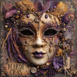 Mardi Gras Mask Wall Art Sign – 10x10 Aluminum Carnival Decor, Purple Gold Feathered Mask Wall Hanging, New Orleans Mardi Gras Decoration