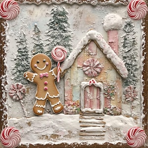 May include: A gingerbread house scene with a smiling gingerbread man holding a lollipop. The house is decorated with pink and white frosting, surrounded by snow and candy canes. The artwork is framed in a wooden border.