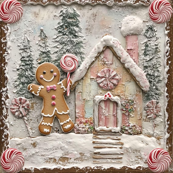 Gingerbread Man Christmas Sign, Pastel Candy Cane Holiday Decor, 10x10 Aluminum Peppermint Sign, Cute Kitchen Xmas Wall Art