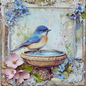 May include: A bluebird perches on the rim of a decorative, gold-toned bird bath. The bird bath is filled with water and surrounded by pink and blue flowers. The background is a light blue and white textured surface.