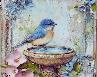 Bluebird and Bird Bath Metal Wall Art – Vintage Floral Aluminum Sign – Cottagecore Home Decor – Shabby Chic Nature Print – Rustic Garden Art