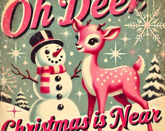 Retro Pink Deer & Snowman Christmas Sign | 10x10 Aluminum Vintage Christmas Wall Art | “Oh Deer Christmas is Near” Wreath Attachment