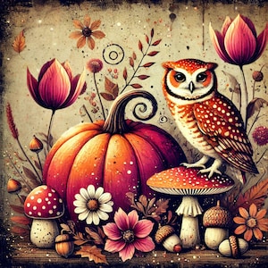 Letrero de búho otoñal con forma de calabaza y seta – Arte mural de aluminio de 10 x 10 cm con temática de bosque otoñal, decoración rústica estilo cottagecore, con detalles florales de animales del bosque para el hogar.