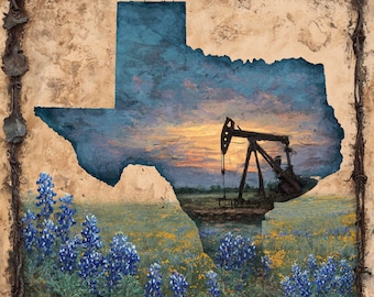 Texas Oilfield Bluebonnet Sign, 10x10 Aluminum Wall Art, Rustic Texas Decor, Western Pumpjack Sign, Wildflower Field State Art