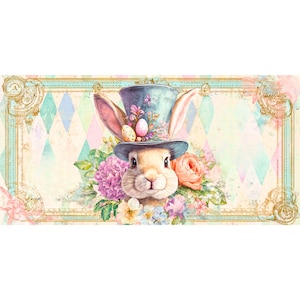 May include: A watercolor illustration of a bunny wearing a blue top hat adorned with flowers and Easter eggs. The bunny is surrounded by pink and peach roses, purple hydrangeas, and other flowers. The background features a diamond pattern.
