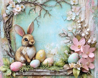 Vintage Easter Bunny and Floral Eggs Aluminum Sign – Rustic Spring Wall Art, Shabby Chic Home Décor, Pastel Farmhouse Accent