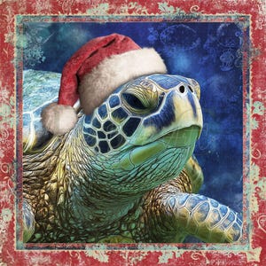 May include: A digital illustration of a sea turtle wearing a Santa hat. The turtle has a green and blue shell, with a red and white Santa hat on its head. The background is a dark blue with a red and white border.