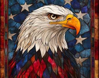 May include: A stained glass style illustration of a bald eagle with a red, white, and blue background. The eagle's head is turned to the right, and its eye is visible. The background is a stylized American flag.
