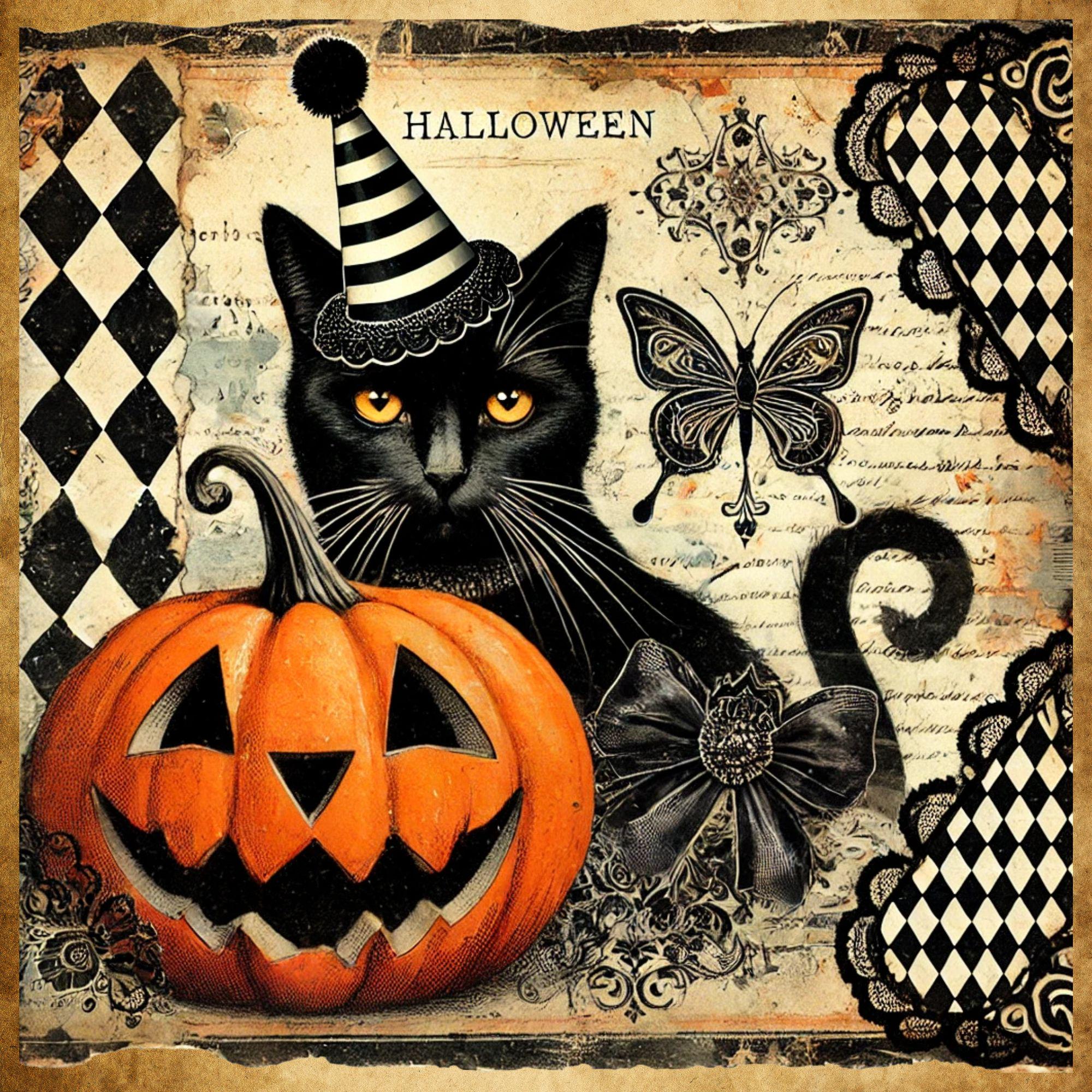 Vintage Black Cat Halloween Sign, Gothic Pumpkin Wall Art, 10x10 Spooky ...