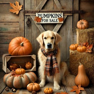 May include: A golden retriever dog wearing a plaid scarf sits in front of a wooden sign that reads "Pumpkins for Sale". The dog is surrounded by pumpkins and gourds in a rustic setting.