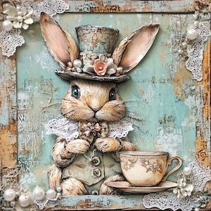 May include: A brown rabbit wearing a top hat and a bow tie, holding a teacup and saucer. The rabbit is sitting on a blue and white background with lace trim.