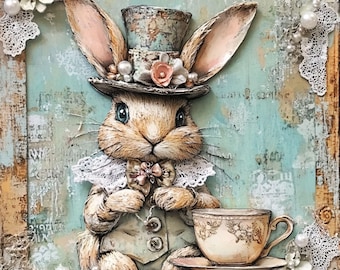 Vintage Bunny Aluminum Wreath Sign – Rustic Rabbit Wall Décor with Lace and Pearls, Easter Bunny wall art, Spring sign for home decor