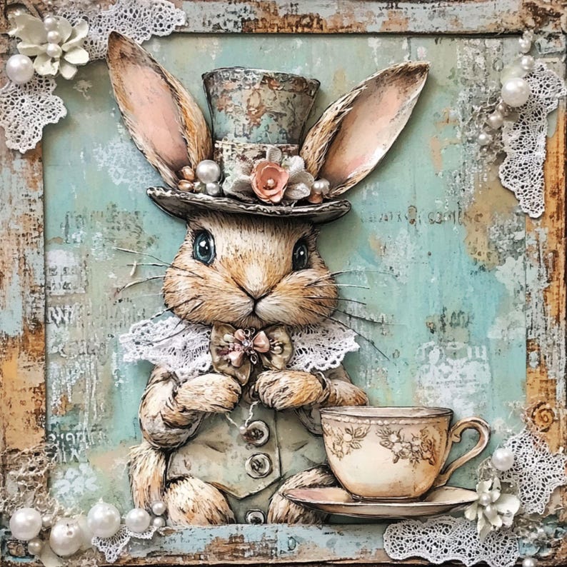 May include: A brown rabbit wearing a top hat and a bow tie, holding a teacup and saucer. The rabbit is sitting on a blue and white background with lace trim.