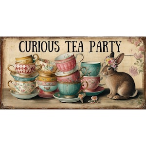 May include: A vintage-style sign with the text "CURIOUS TEA PARTY" features a stack of teacups in various colors and patterns. A brown rabbit wearing a floral crown sits beside the teacups. The sign has a distressed, aged appearance.