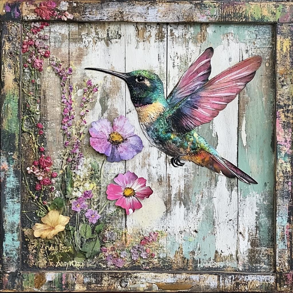 Handmade Hummingbird and Floral Aluminum Sign - Rustic Wall Art, Vintage Botanical Decor, Unique Nature-Inspired Gift